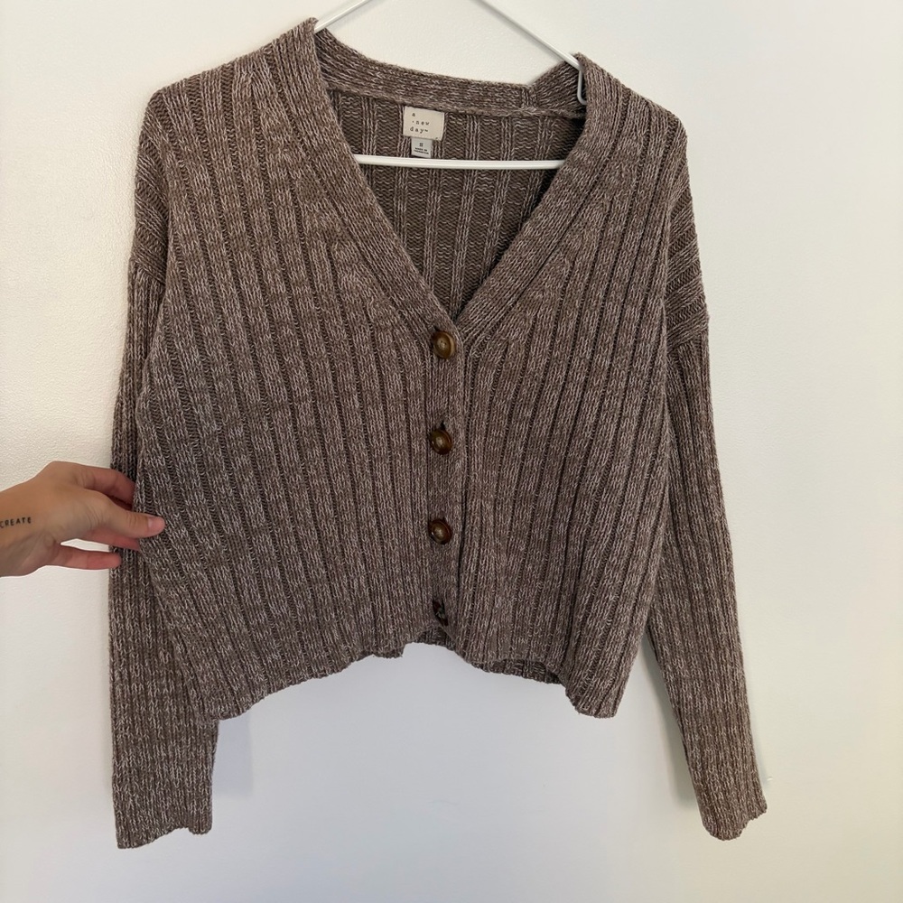 Brown Ribbed Button-Up Cardigan
